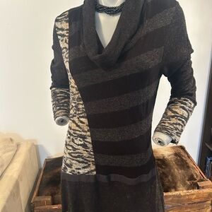 Black and Brown Cowl Neck Sweater with Animal Print Sleeves